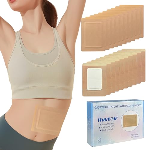 WOOWME 20Pcs Castor Oil Pack Wrap, Portable Castor Oil Packs, Disposable Castor Oil Patches, Anti Leakage Organic Cotton Castor Oil Pads for Stomach/Liver (Oil Not Included), 7.9