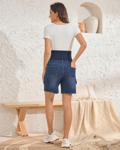 Image of PACBREEZE Women's Maternity Jean Shorts Over Belly Stretch Denim Shorts Trendy Summer Pregnancy Clothes