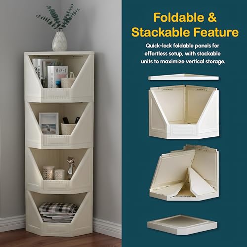 Image of HOMIFLY 4 Tier Corner Storage Cabinet /Stackable Plastic Cupboard for Storage /Foldable Wardrobe for Clothes /Toys Storage Organizer /Cabinet for Kitchen, Bathroom, Living Room (White)