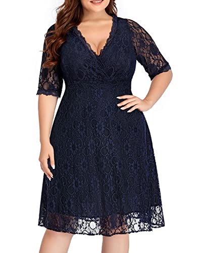 Pinup Fashion Damen Spitze mit V-Ausschnitt-Kleid-Brauthochzeitsfest 26-28 Plus Marine blau