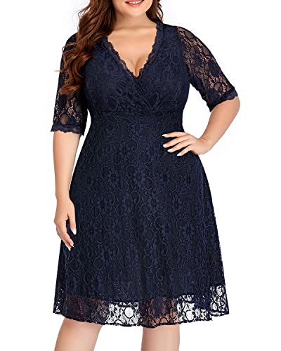 Women Lace V Neck Plus Size Cocktail Dress Navy Blue Wedding Guest Semi-Formal Evening Party Casual Knee Length Dresses