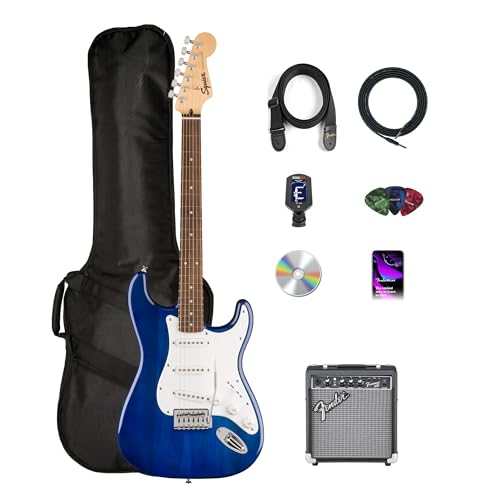 Fender Squier Sonic Stratocaster Pack - Sapphire Blue Transparent Bundle with Frontman 10G Amp Gig Bag Instrument Cable Strap Tuner Picks and Austin Bazaar Instructional DVD