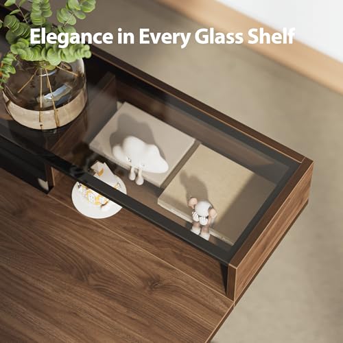 Image of Agilestic Glass Standing Desk with Storage, 48 Inch Electric Adjustable Desk with Glass Shelf and Cable Management, Sit Stand Up Home Office Computer Table, Splice Board, Dark Walnut