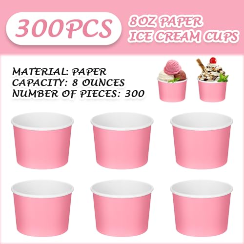 Image of Nuenen 300 Pcs 8 oz Summer Ice Cream Paper Cups Bulk Disposable Dessert Cups Solid Color Paper Dessert Bowls for Snack Sundae Spring Party Favors Ice Cream Bar Supplies (Pink)