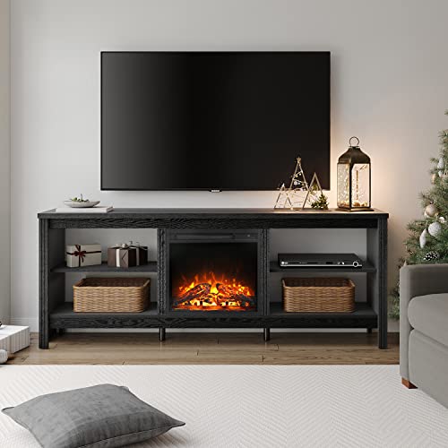 Wampat Fireplace Tv Stand For 75 Inch Tv, Entertainment Center With 4 Storage Shelf, Wood Tv Console Table With Electric Fireplace, Television Stands For Living Room Bedroom, Black, 70 Inch #TOP18