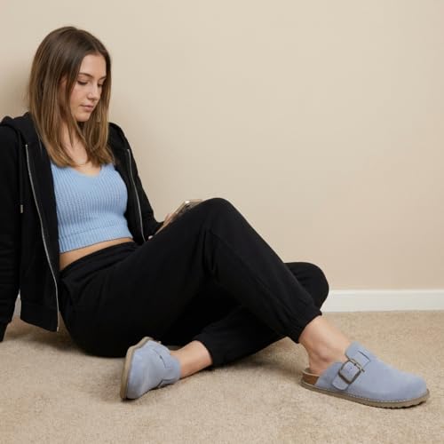 Image of CUSHIONAIRE Women's Blain Genuine Suede Slip-On Clogs with + Memory Foam & Chic Buckle Mule - Comfortable, Non-Slip, Wide Widths Available