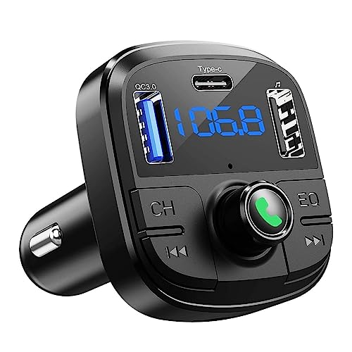 Bluetooth FM Transmitter for Car, BT 5.0 & QC3.0 Car Bluetooth Adapter with 5 EQ Mode, 3 Charging Ports Support USB Disk, TF Card Hands-Free Car Kits