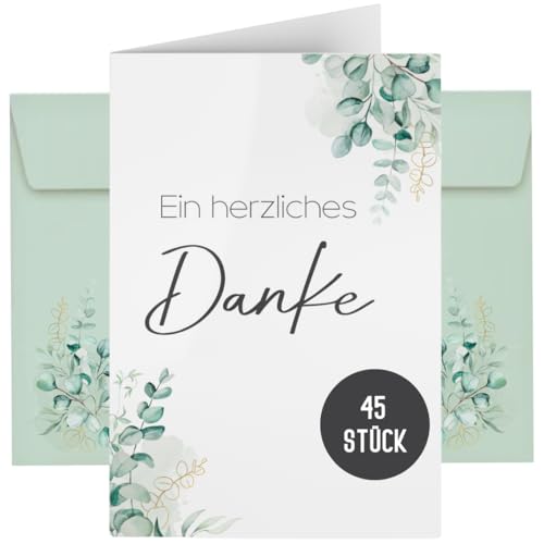 45 Dankeskarten inkl. Umschläge für Hochzeit, Standesamt, Geburtstag, Baby, Kommunion, Jugendweihe, Taufe | Karte Danke | Klappkarte DIN A6 (Eucalyptus 45 Stück) 45 Dankeskarten inkl. Umschläge für Hochzeit, Standesamt, Geburtstag, Baby, Kommunion, Jugendweihe, Taufe | Karte Danke | Klappkarte DIN A6 (Eucalyptus 45 Stück)