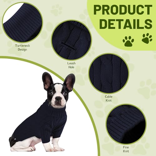 Image of Small Dog Thermal Pullover Sweater, Classic Turtleneck Cable Knitwear Dog Clothes for Cold Weather Warm Pet Clothes for Chihuahua, Bulldog, Dachshund, Pug Navy Large