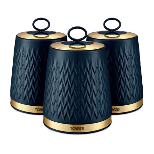 Tower T826091MNB Empire Kitchen Storage Canisters, Tea, Coffee, Sugar, Set of 3, Midnight Blue