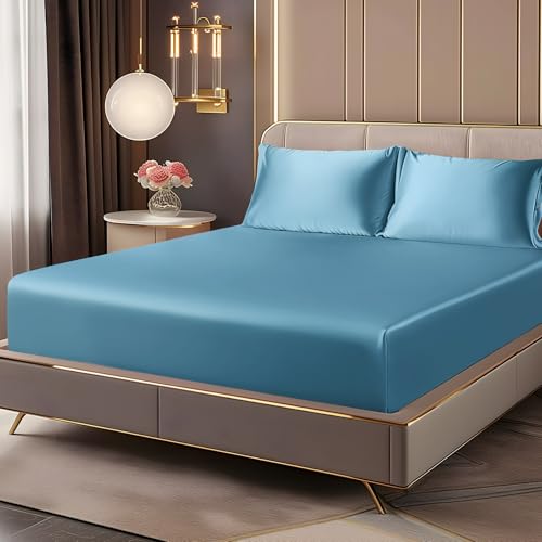 BEDELITE Satin Twin XL Fitted Sheet & Pillowcase Set, Airy Blue, 2 Pieces