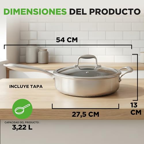 Miniatura 2 de Nutrichef Cazuela Profunda De 3.2l, Con Tapa, Acero Inoxidable, Para Saltear, Textura Tipo Panal Resistente A Rayones, Apta Para Horno E Induccion, Antiadherente