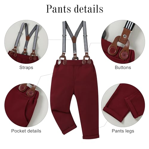 Image of YALLET Toddler Baby Boy Clothes Suit Gentleman Wedding Outfits, Formal Dress Shirt+Bowtie+Vest+Boutonniere+Suspender Pants