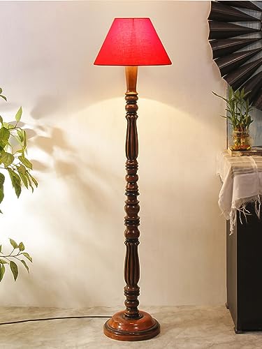 Image of Floor Lamp with Wooden Base - Height 55 inch, Red | Modern Standing Lamp for Living Room, Bedroom & Office | Stylish & Elegant Home Lighting Decor | Tall Decorative Lamp