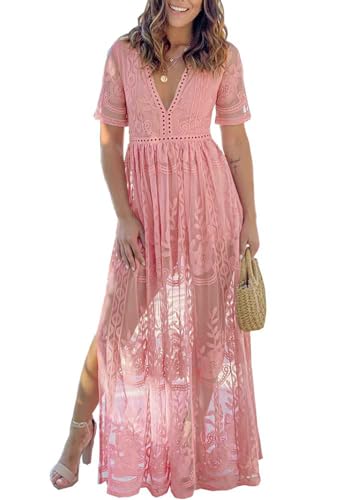 Image of LRISES Womens V Neck Floral Embroidered Lace Wedding Maxi Dress Boho Bridesmaid Evening Party Bridal Shower Dresses Pink