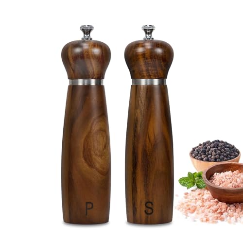 Haomacro Salt and Pepper Grinder Set of 2,8Inch Updated Wooden Pepper Mill Shaker,Modern Oak Wood Salt Mill Pepper Grinder Set Refillable with Adjustable Ceramic Rotor
