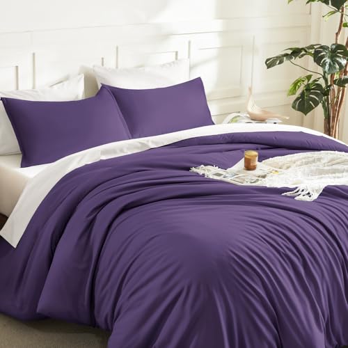Image of Litanika Dark Violet Purple Comforter Set Full Size, 3 Pieces Lightweight Solid Bedding Comforter Set, All Season Fluffy Bed Set (79x90In Comforter & 2 Pillowcases)