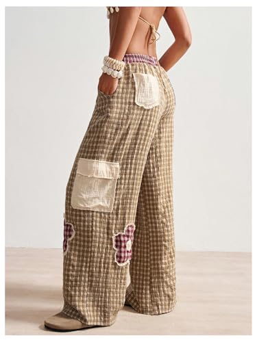 Women's Floral Patch Baggy Pants Plaid Drawstring Waist Wide Leg Causal Trousers with Pockets4