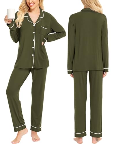 Image of SWOMOG Womens Pajamas Set Long Sleeve Sleepwear Button Down Nightwear Soft Cotton Pj Lounge Sets