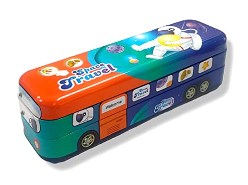 Image of School Bus Pencil Box Kids- Compass Box with Wheel /Stylish School Bus Geometry Box for Kids | Cartoon Printed Bus Shaped Pull Back Pencil Box in Metal | String Operated Wheels (Space Travel)