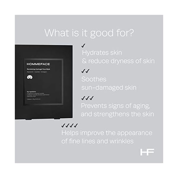 HommeFace Revitalizing Hydrogel Facial Mask Set for Men (5ct) - Hydrating, Anti-aging & Soothing Face Sheet Mask with Hyaluronic Acid, Vitamin B, C, E & Peptides, Beard-Friendly