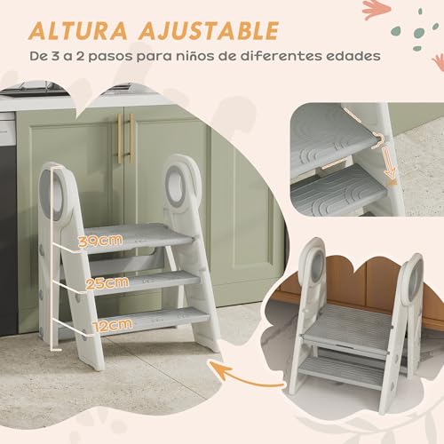 Miniatura 4 de Aiyaplay Taburete Para Niños Plegable Torre De Aprendizaje Ajustable Escalera Para Niños De 18-60 Meses Antideslizante Para Baño Cocina Librería Dormitorio Gris Y Blanco