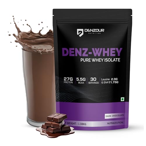 DENZOUR NUTRITION Denz Whey Isolate Protein Powder for Men & Women | 27g Protein + 5.5g BCAA per Scoop | Fast Absorbing, Easy to Digest | Dark Chocola