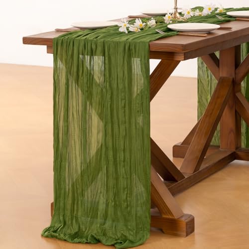 Image of Socomi 2pcs Campsite Green Easter Spring Cheesecloth Table Runner Boho Rustic Gauze 120 inch 10FT Cheese Cloth Runner for Wedding Party Baby Shower Birthday Home Decor Holiday Decorations