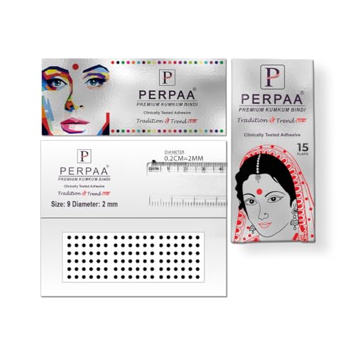 Image of PERPAA Premium Velvet Sticker Kumkum Bindi Box of 15 Flaps - Pottu for Women,Ladies, Girls (Size 9, Diameter 2mm, Black)
