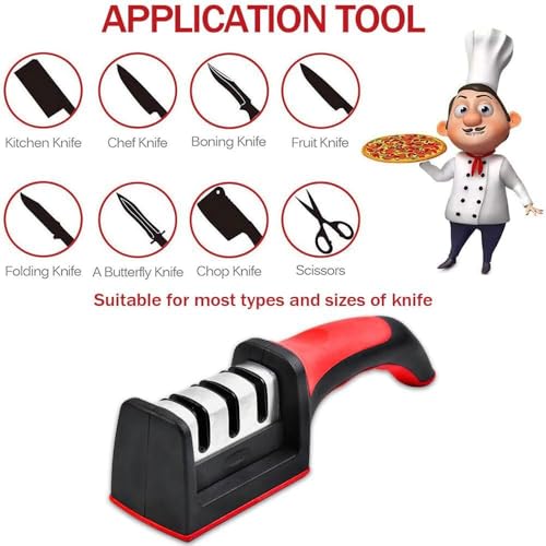 Image of Professional Kitchen Knife Sharpener with 3-Stage Sharpening System, Ergonomic Red Handle, Black (1, 4-Stage)