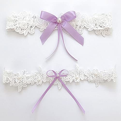 Afrsmw 2 Pcs Jarretière Élastique,Jarretière Dentelle,Accessoires De Mariage avec Nœud Violet pour Mariée, Demoiselle d'honneur