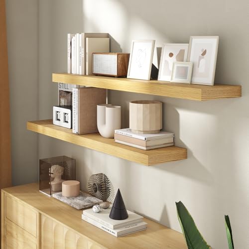 Image of 48 Inch Floating Shelves for Wall, 8 Inch Deep Floating Shelf for Storage & Display, Rustic Wall Mounted Shelf with Invisible Brackets for Living Room, Kitchen, Bathroom, Home Decor, Set of 2, Oak