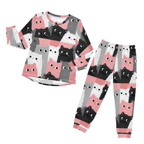 Long Sleeve Pajama Set for Girls Boys Kids,Black Red Cute Cats Comfy Nightwear Soft Loungewear,Family Matching PJs Underwear Set 6T
