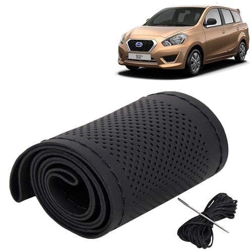 Image of KINGSWAY PU Leatherite Car Steering Cover Sewable Compatible with Datsun Go Plus (Year 2014 Onwards), Black Color with Black Thread, Pack of 1 with Sewing Needle and Thread