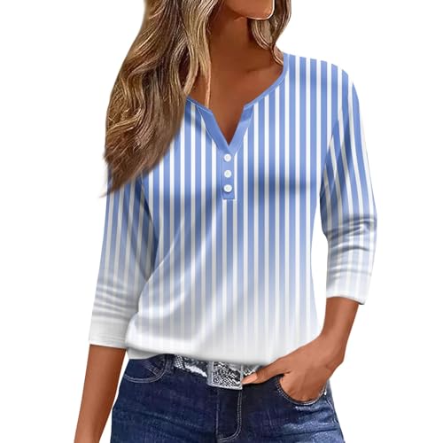 OCCSIK Fall Shirts Women 3/4 Sleeve Tops Fashion Tops Casual Henley Neck Striped Print Fall Shirts Loose Fit Blouses Fall Xx-Large Sky Blue