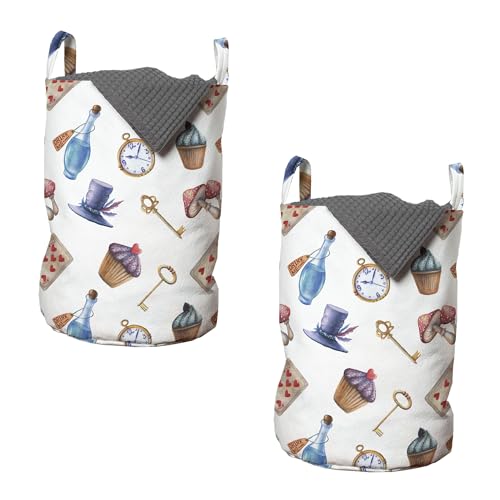 Image of Lunarable Alice Themed Laundry Bag Pack of 2, Cupcakes Mushrooms and Bottles in Sky Dessert Print Tea Time Illustration, Hamper Basket with Handles Drawstring Closure, 13" x 19", White Blue Red