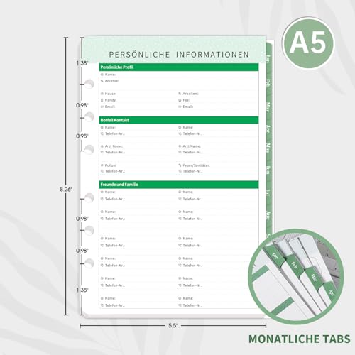 Indeme Wochenplaner 2026 2027 Einlage A5, 1 Woche 2 Seiten mit Tabs, Monatliche Seite 14x21cm, Kalendereinlagen 6 Löcher, Doppelfarbiges Design