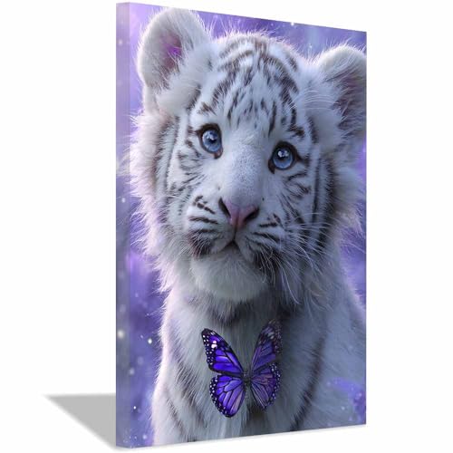 Tigre accompagné d'un papillon tableau moderne bleu pâle 70x100 encadré
