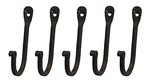 Early American Single Prong Wrought Iron Hooks, Set of 5 - Rustic Curved Metal Fasteners - Decorative Colonial Wall Décor