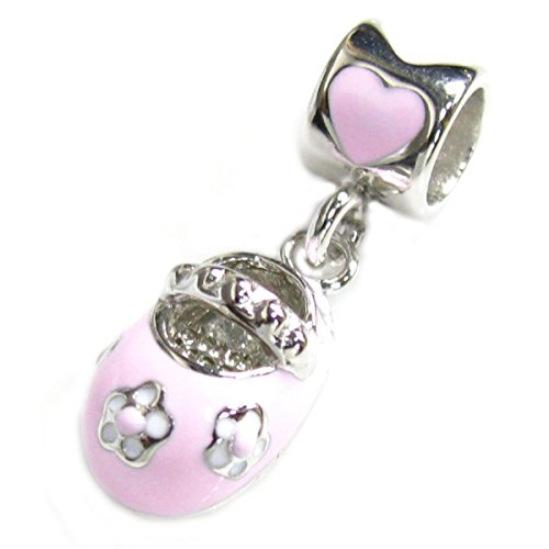 Rhodium-Plated Sterling Silver Pink Little Baby Girl 3-D Shoe Dangle European Bead Charm