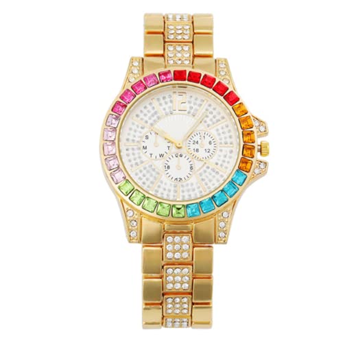 Reloj de cuarzo de lujo con simulación de pedrería de acero inoxidable para mujer Star Fancy Color Diamond Watch, dorado Reloj de cuarzo de lujo con simulación de pedrería de acero inoxidable para mujer Star Fancy Color Diamond Watch, dorado