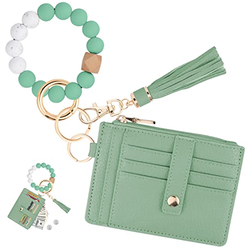 Image of KNGITRYI Wristlet Wallet for Women,RFID Keychain Wallet with Beaded Strap | 8 Card Slots,ID Window,Zipper Pocket,Leather Tassel,Compact Design