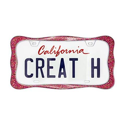 creathome 3D Shining License Plate Frame, Chrome with Shining Pink Chunky Gliter, Pure Zinc Alloy Metal Cover