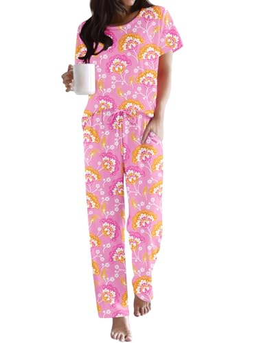 Image of Ekouaer Pajama Sets for Women Round Neck Pjs Short Sleeve Sleepwear with Long Pants Loose Lounge Sets
