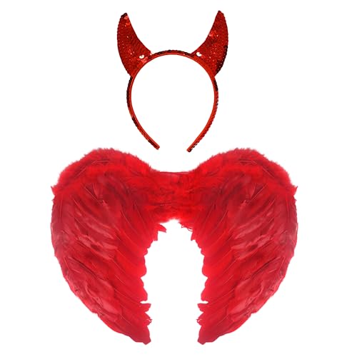 Lizzy Red Devil Angel Feather Wings with Sequin Devil Horns 