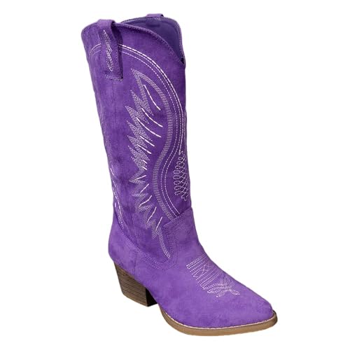 Fomoti Womens Western Cowboy Boots - Embroidered Ankle Booties with Chunky Block Heel Side Zipper Suede Cowgirl Boots for Country Concert(8 purple)