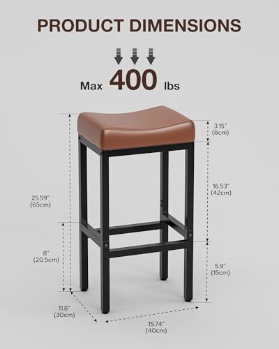 Image of Bar Stools Set of 3-24 Inch Counter Height Chairs for Kitchen Island, Leather Seat with 400 LBS Heavy-Duty Metal Frame and Adjustable Feet, Easy to Assemble for Bar, Cafe or Dining Room,Brown