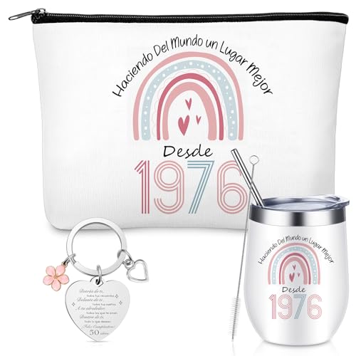 Hestya Regalos Mujer 50 Años, Regalos 50 Cumpleaños Mujer Bolsa de Maquillaje Llavero y Taza de Arcoíris para, Este Es un Regalo para Madres, Hermanas, Amigos y Seres Queridos en el Año 1976