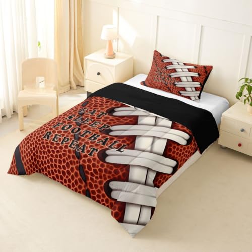 Image of Feelyou Football Comforter Set Twin Size Rugby Bedding Set for Kids Boys Girls Eat Sleep Sports Theme Duvet Quilt Bedroom Decor Microfiber 2 Pcs with 1 Pillow Case