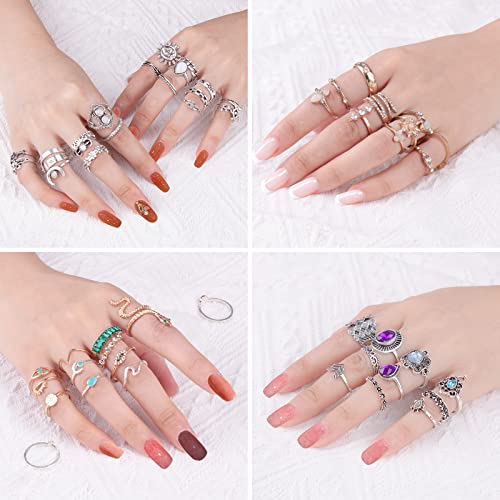 92 Pcs Vintage Silver Gold Knuckle Rings Set For Teen Girls Women, Boho Stackable Joint Finger Rings Aesthetic, Gemstone Snake Crystal Stacking Midi Punk Hippie Rings Gift For Mother's Day Valentine's Day #TOP7